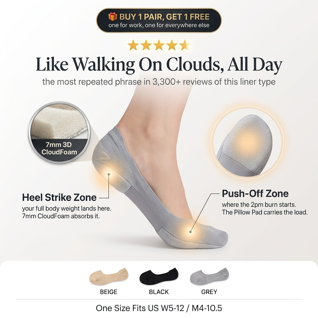 Cushioned zones of a sock liner absorbing heel and ball of foot pressure