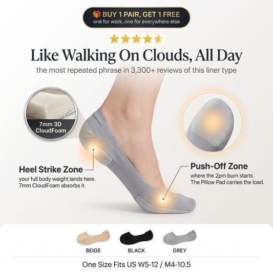 Cushioned zones of a sock liner absorbing heel and ball of foot pressure