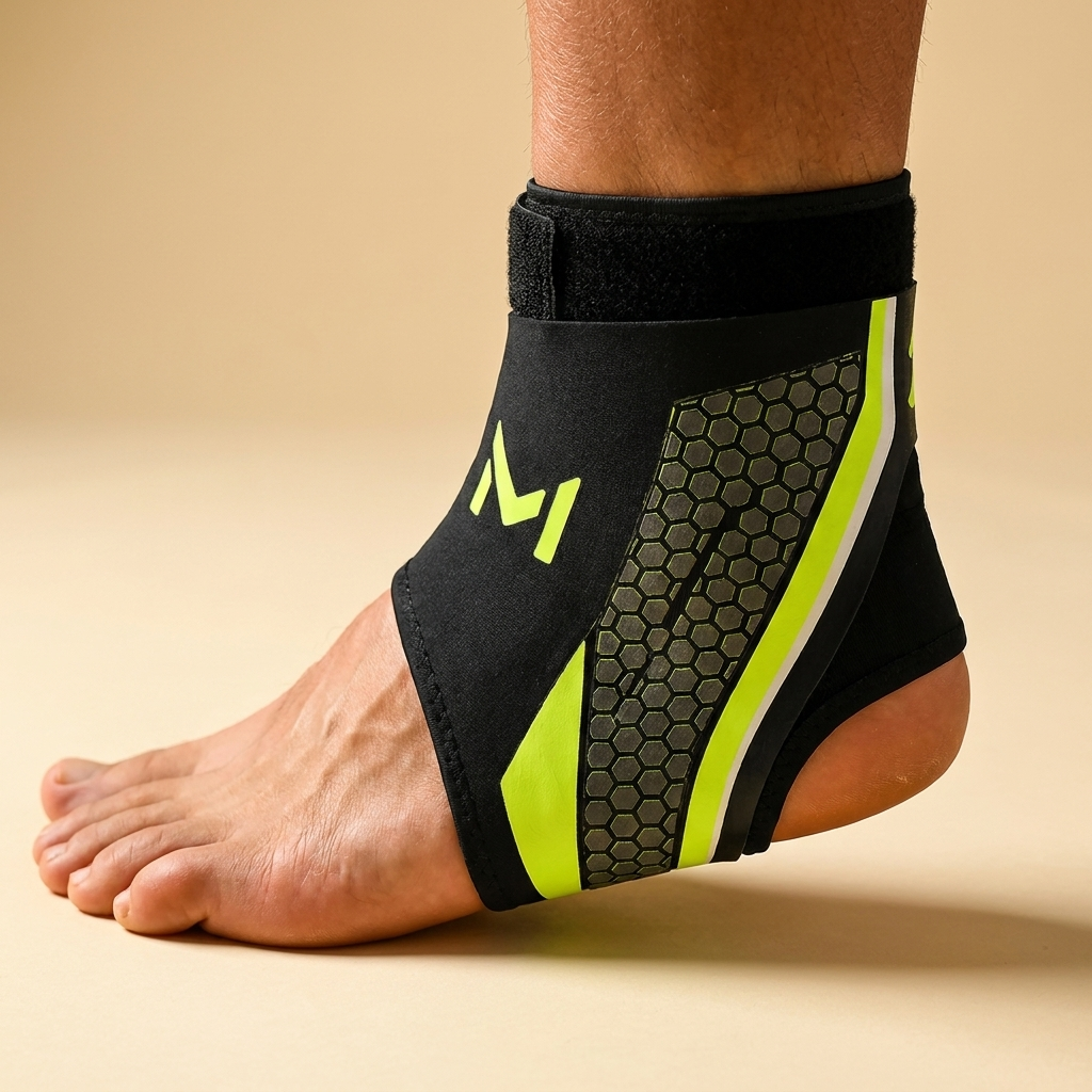 MotionLock ankle brace worn on foot, lock wrap strap and hexagon grip zone