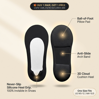 Solehush CloudLiner black - buy 1 pair get 1 free - cushioned invisible no-show liner with never-slip silicone heel grip