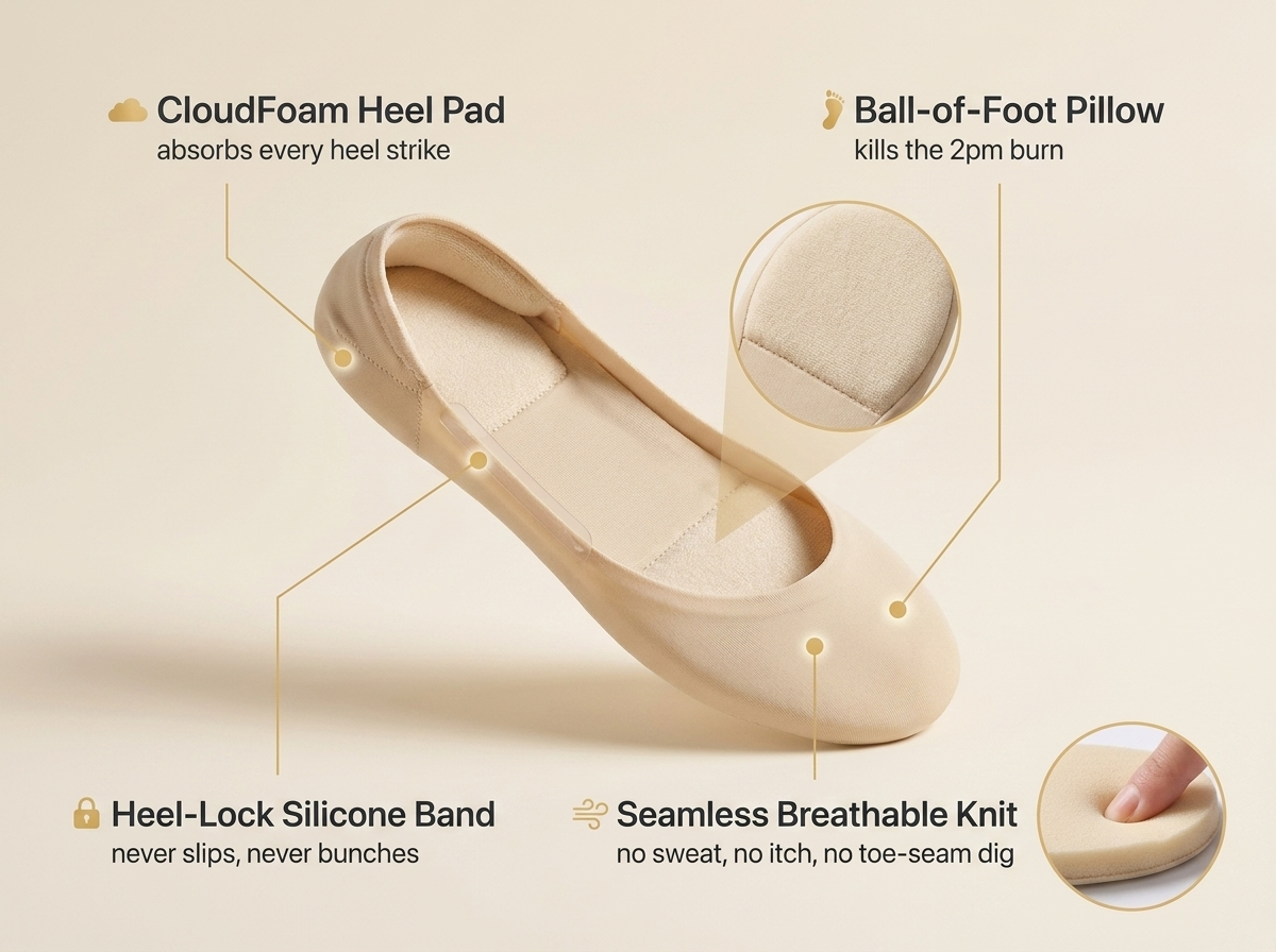 CloudLiner anatomy - CloudFoam heel pad, ball-of-foot pillow, heel-lock silicone band, seamless breathable knit