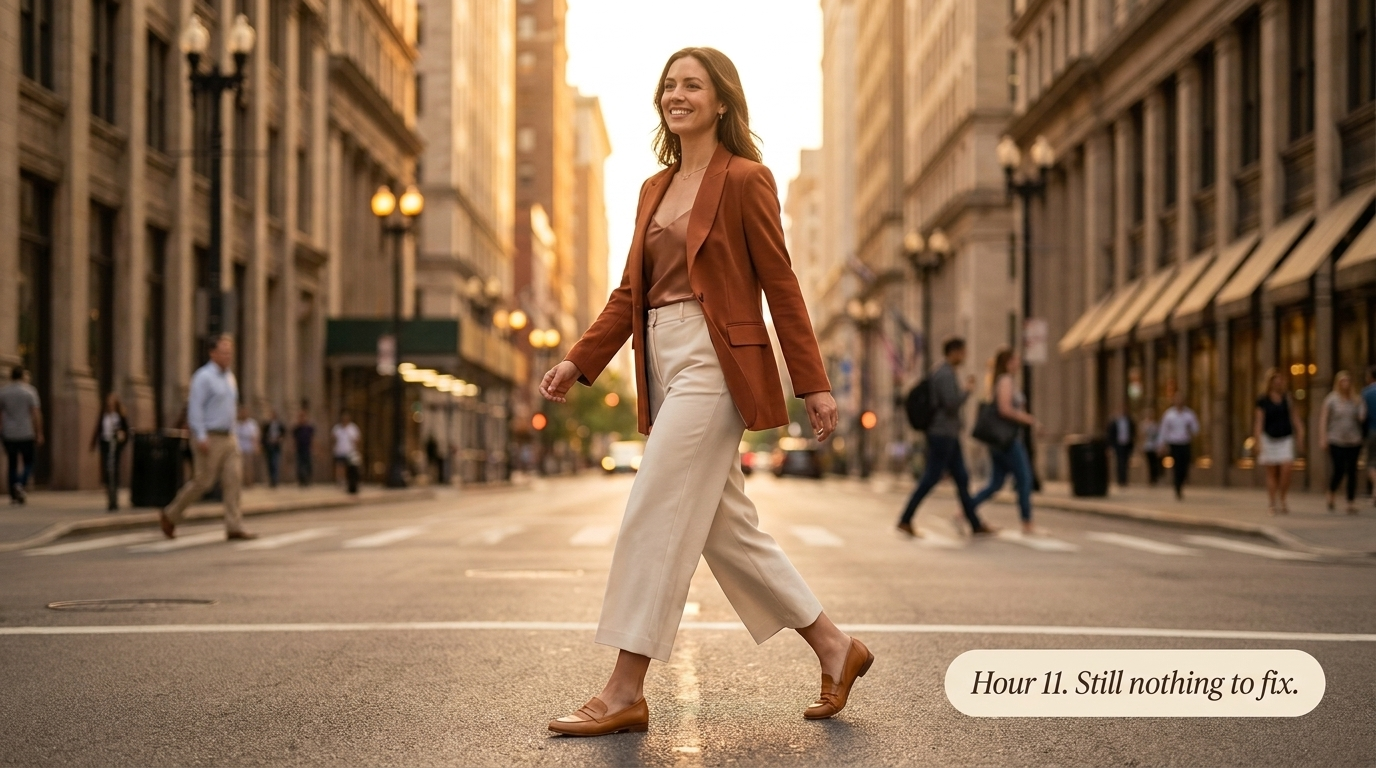 Hour 11, still nothing to fix - woman walking comfortably at golden hour in loafers with invisible CloudLiner