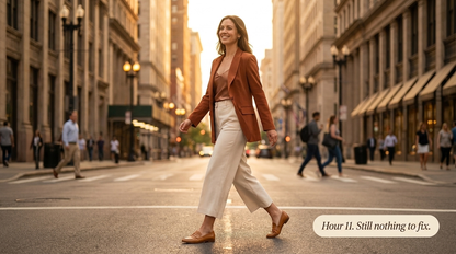 Hour 11, still nothing to fix - woman walking comfortably at golden hour in loafers with invisible CloudLiner