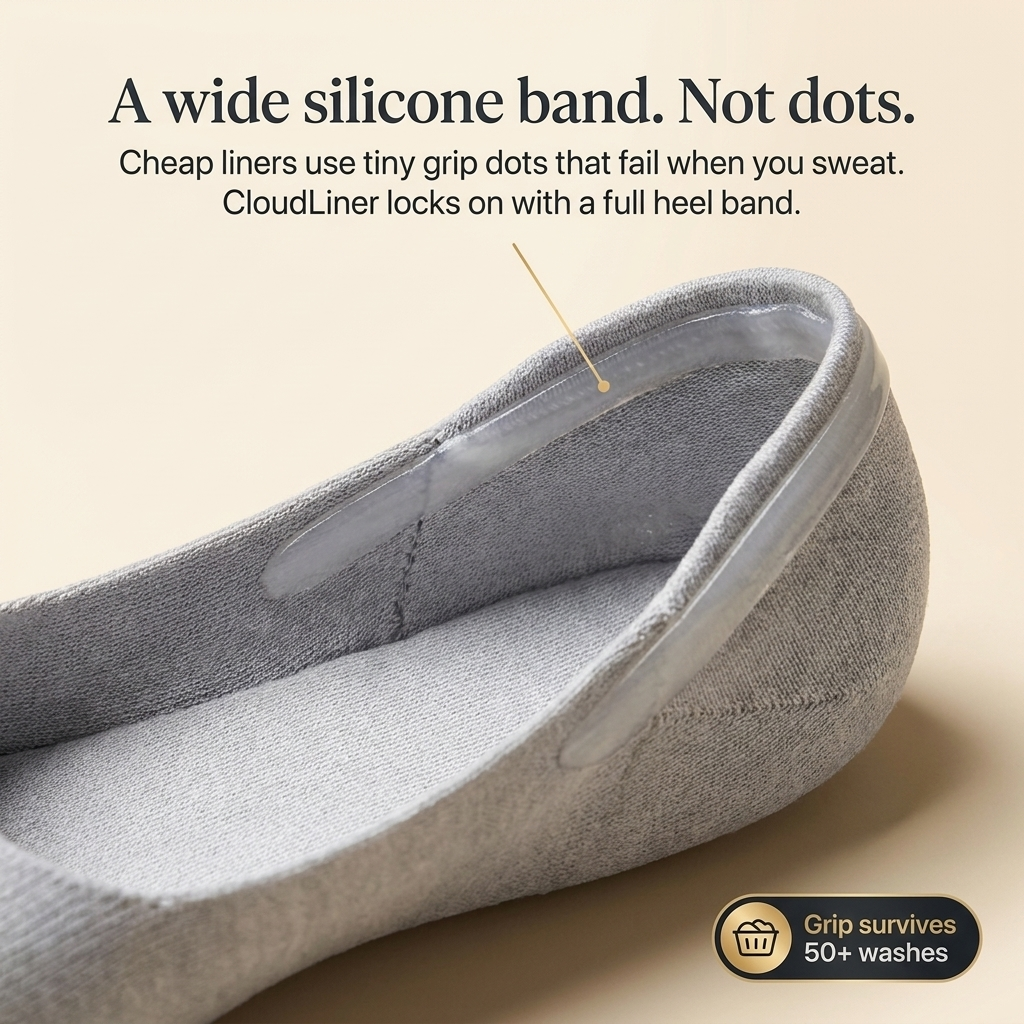 A wide silicone band, not dots - grip survives 50+ washes