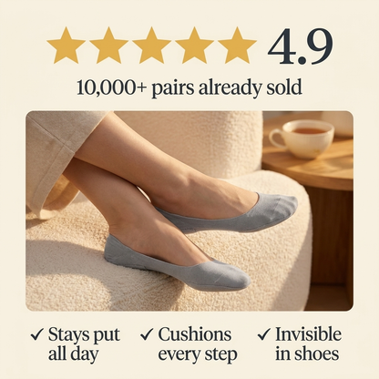4.9 stars, 10,000+ pairs already sold - stays put all day, cushions every step, invisible in shoes