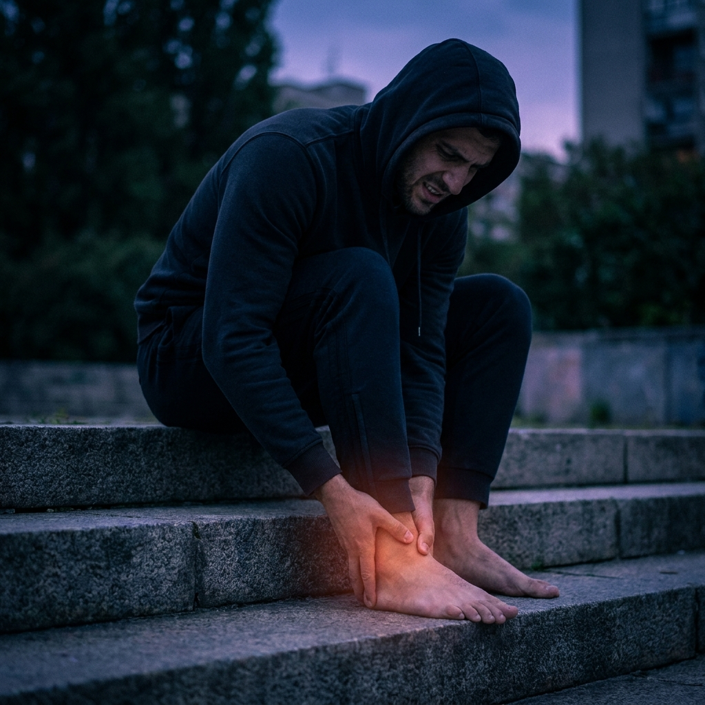 Man on stairs gripping his ankle, the moment of ankle instability